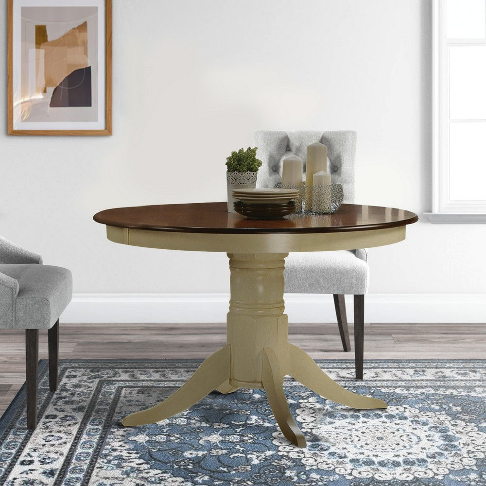 Smooth Wooden Round Dining Table With Pedestal Base, Brown and Cream - AMF-70330
