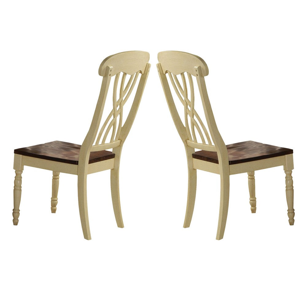 Wooden Side Chair with Overlapped Design Back and Scoop Seat, White and Brown, Set of Two - AMF-70333