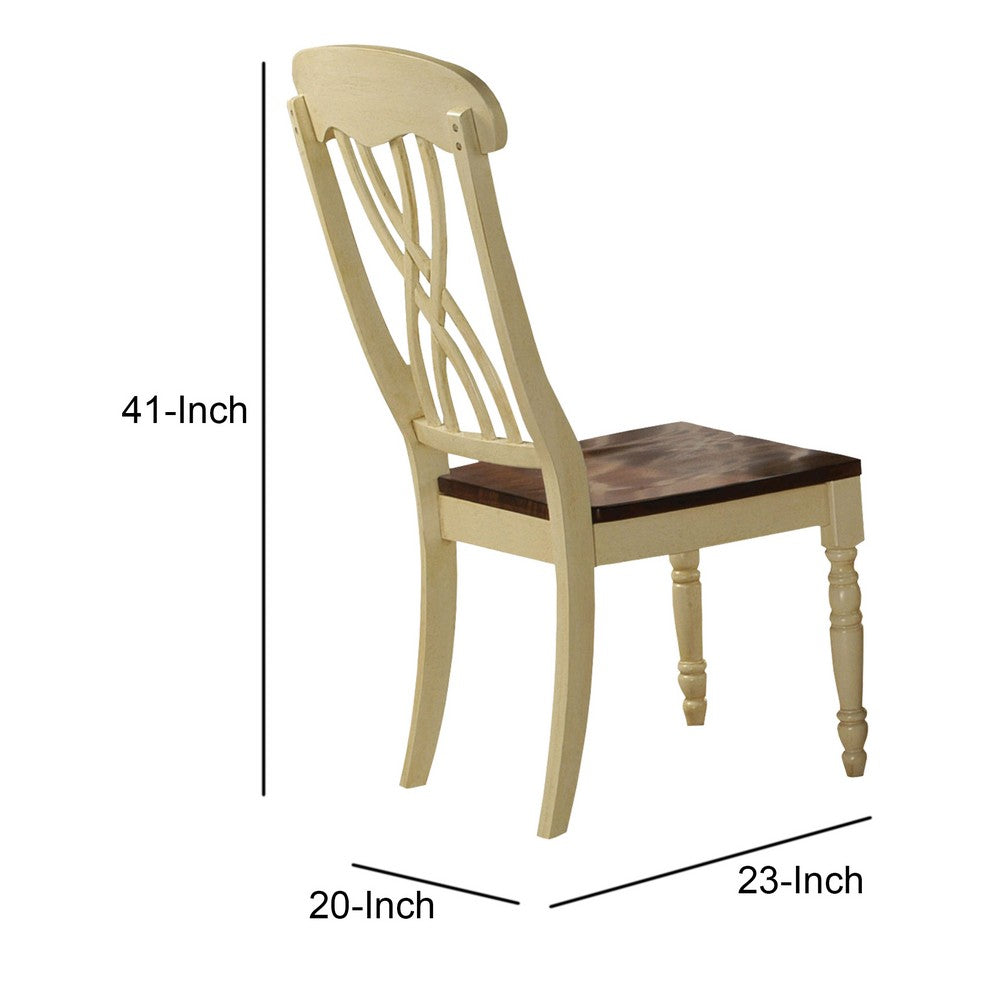 Wooden Side Chair with Overlapped Design Back and Scoop Seat, White and Brown, Set of Two - AMF-70333