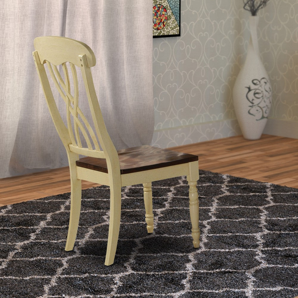 Wooden Side Chair with Overlapped Design Back and Scoop Seat, White and Brown, Set of Two - AMF-70333