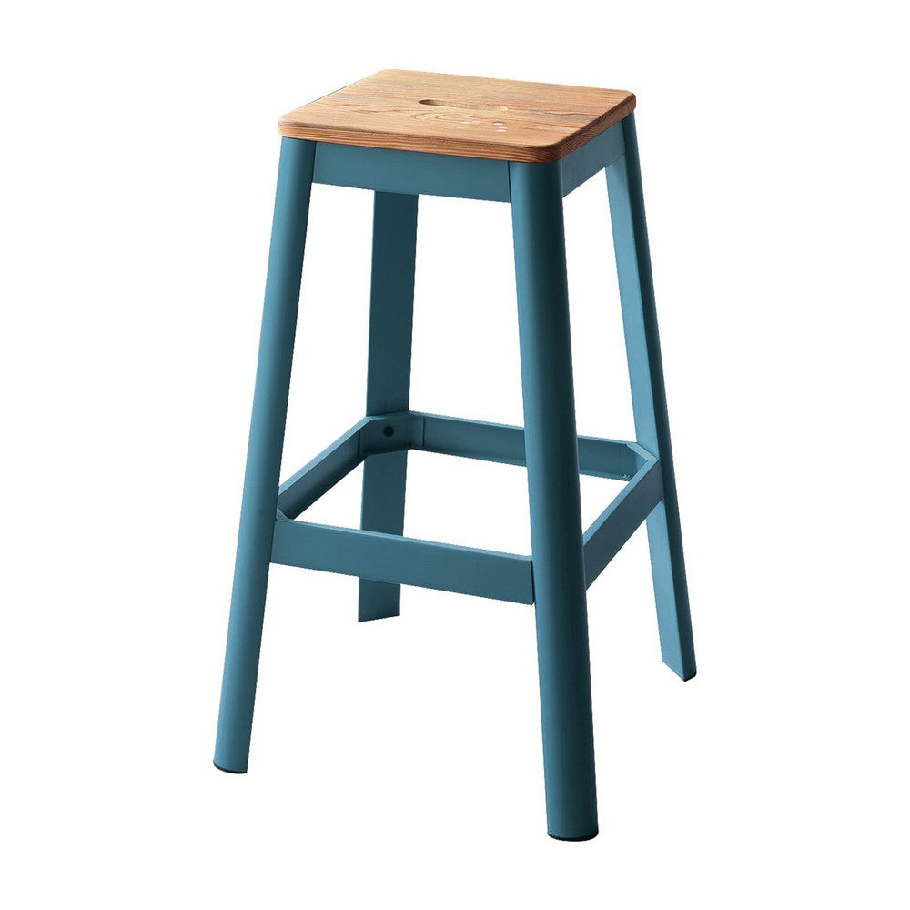 Industrial Style Metal Frame and Wooden Bar Stool, Brown and Blue - AMF-72333