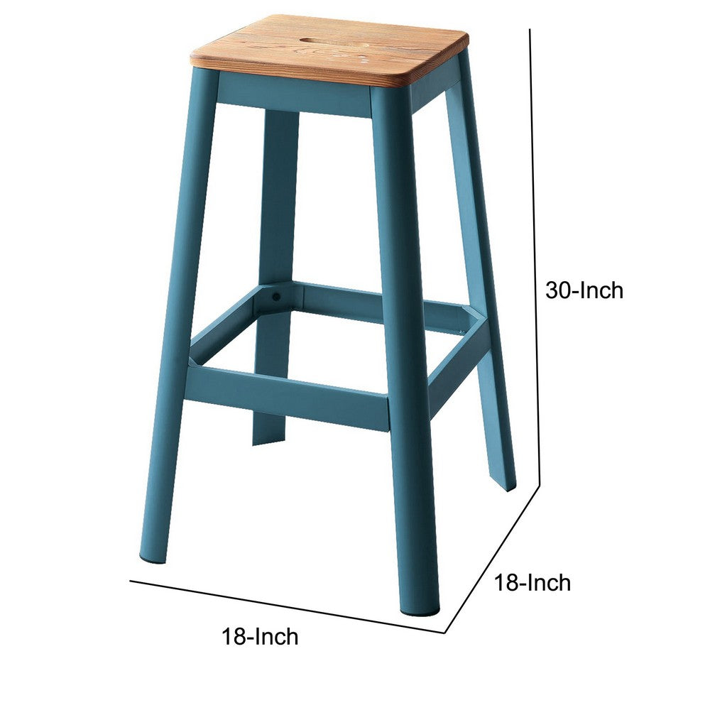 Industrial Style Metal Frame and Wooden Bar Stool, Brown and Blue - AMF-72333