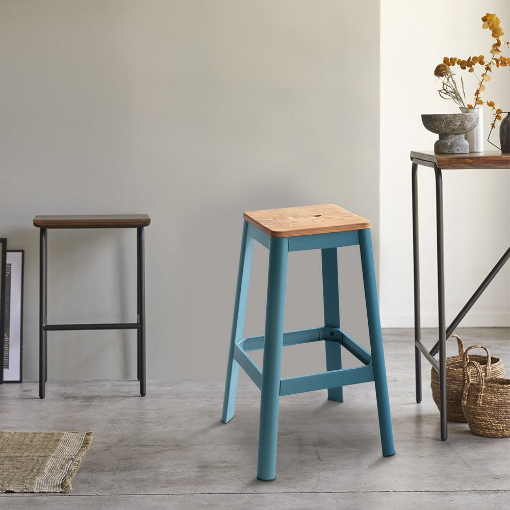 Industrial Style Metal Frame and Wooden Bar Stool, Brown and Blue - AMF-72333