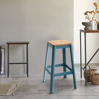 Industrial Style Metal Frame and Wooden Bar Stool, Brown and Blue - AMF-72333