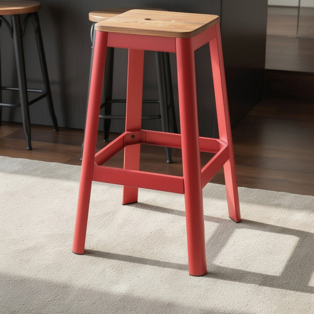 Industrial Style Metal Frame and Wooden Bar Stool, Brown and Red - AMF-72334