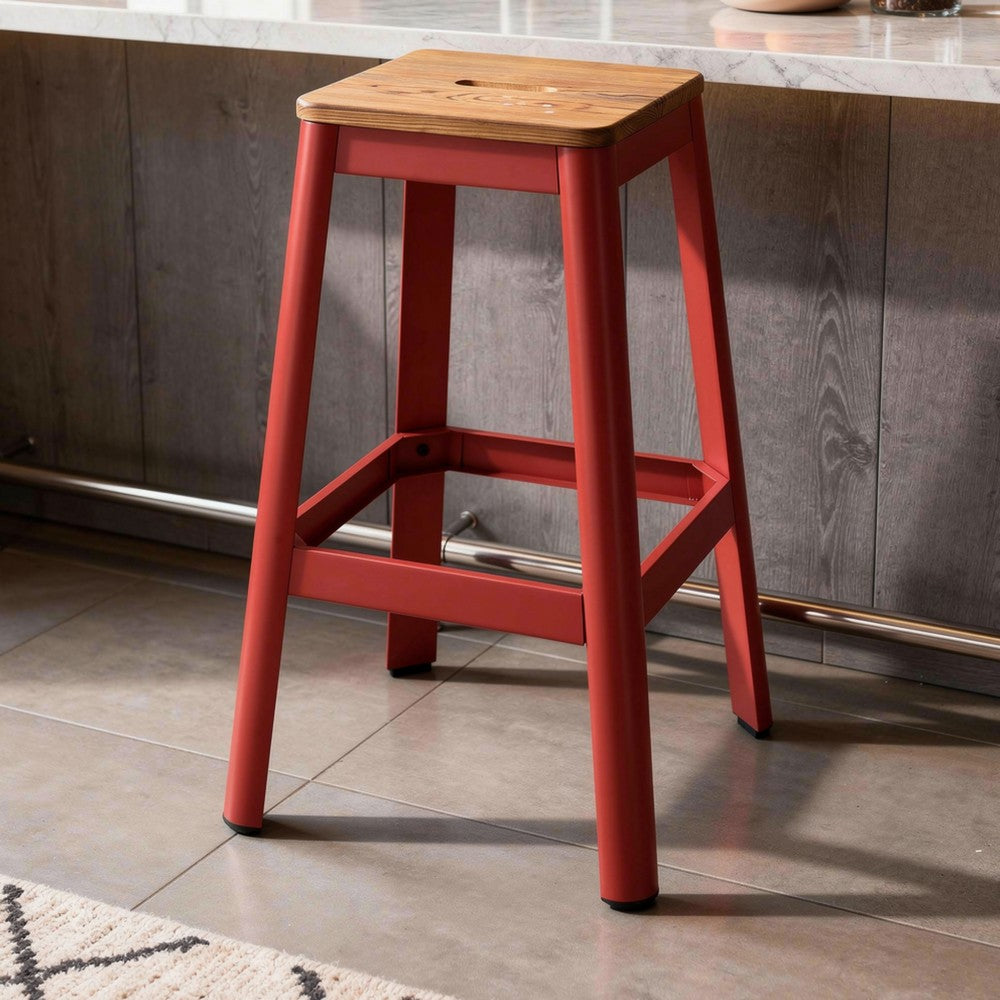Industrial Style Metal Frame and Wooden Bar Stool, Brown and Red - AMF-72334