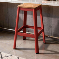 Industrial Style Metal Frame and Wooden Bar Stool, Brown and Red - AMF-72334