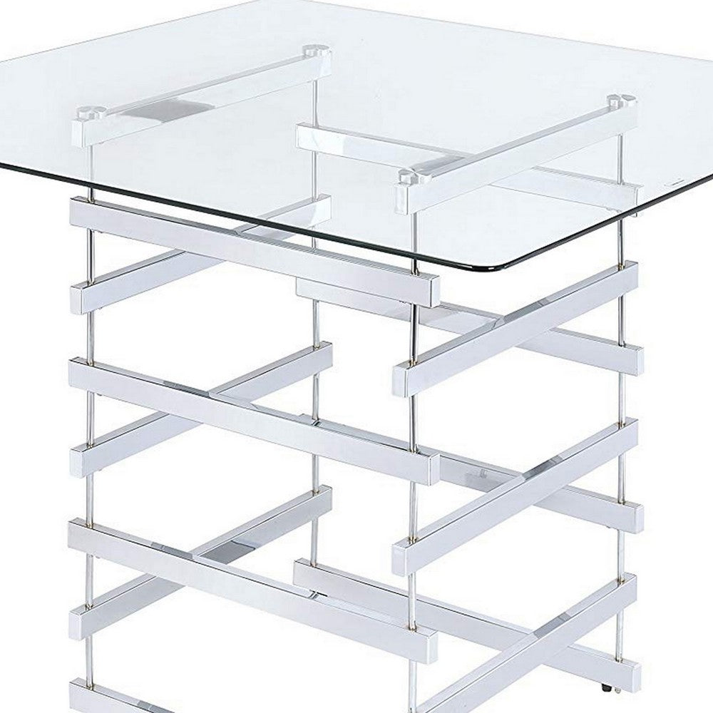 Mirror Top Counter Height Table With Metal Architectural Base, Chrome & Clear - AMF-72590