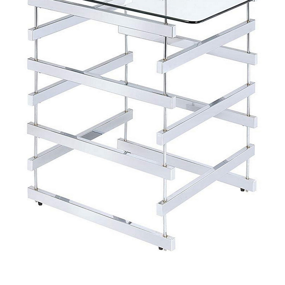Mirror Top Counter Height Table With Metal Architectural Base, Chrome & Clear - AMF-72590