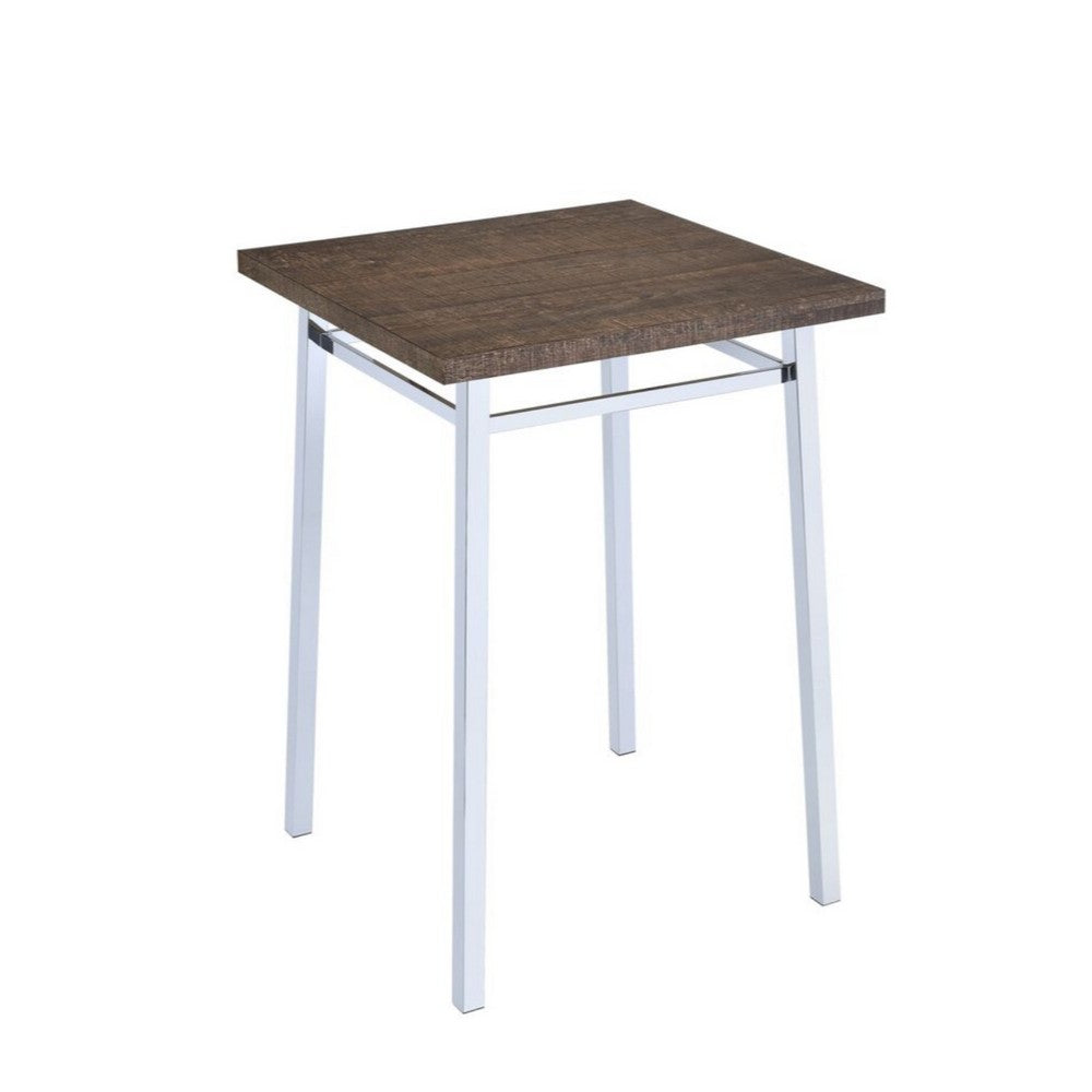 Contemporary Style Square Wood and Metal Bar Table, Brown and Silver - AMF-72595