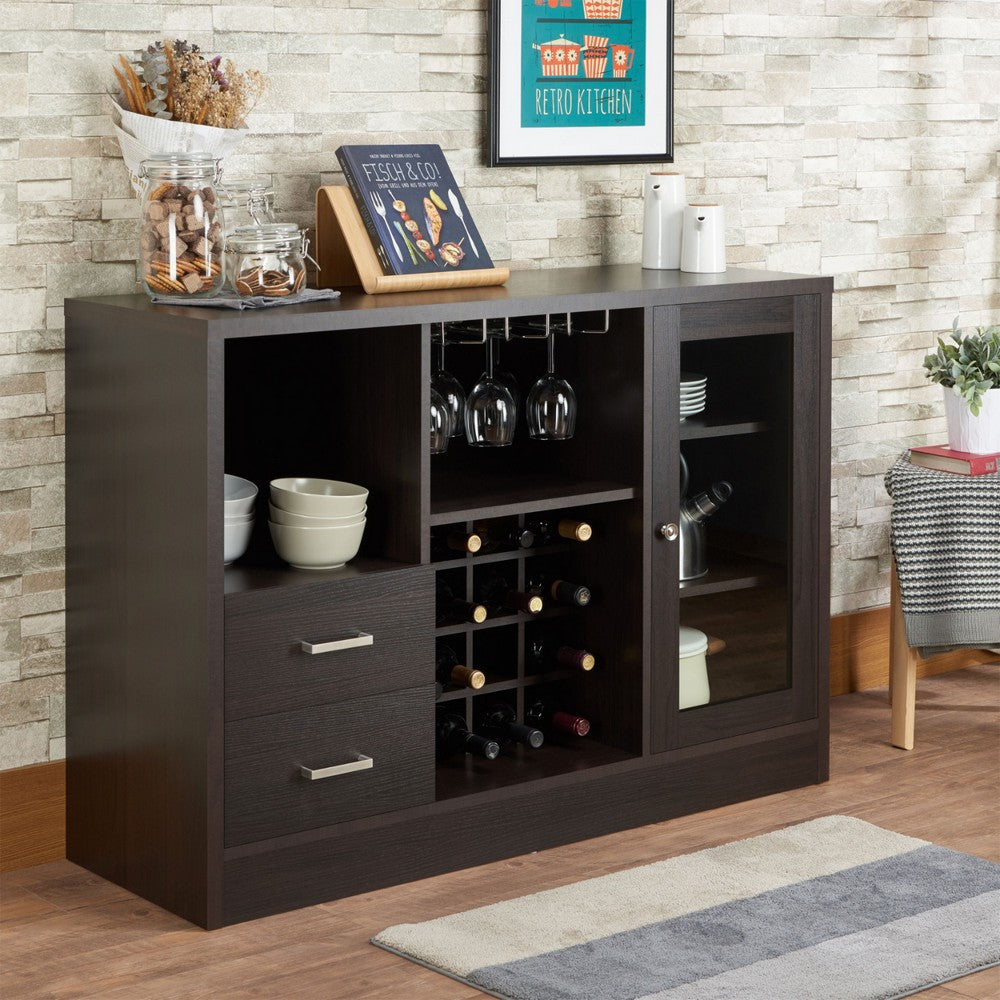 Wooden Server with One Side Door Storage Cabinets and Two Drawers, Espresso Brown - AMF-72640