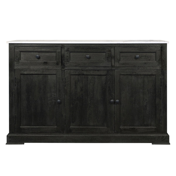 58 Inch Mango Wood Sideboard Buffet Console Cabinet with White Marble Top, 3 Drawers, Sandblasted Black - BM163021