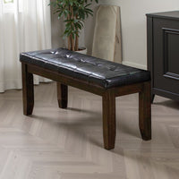Rectangular Wooden Bench with Button Tufted Leatherette Seat, Brown - BM196678