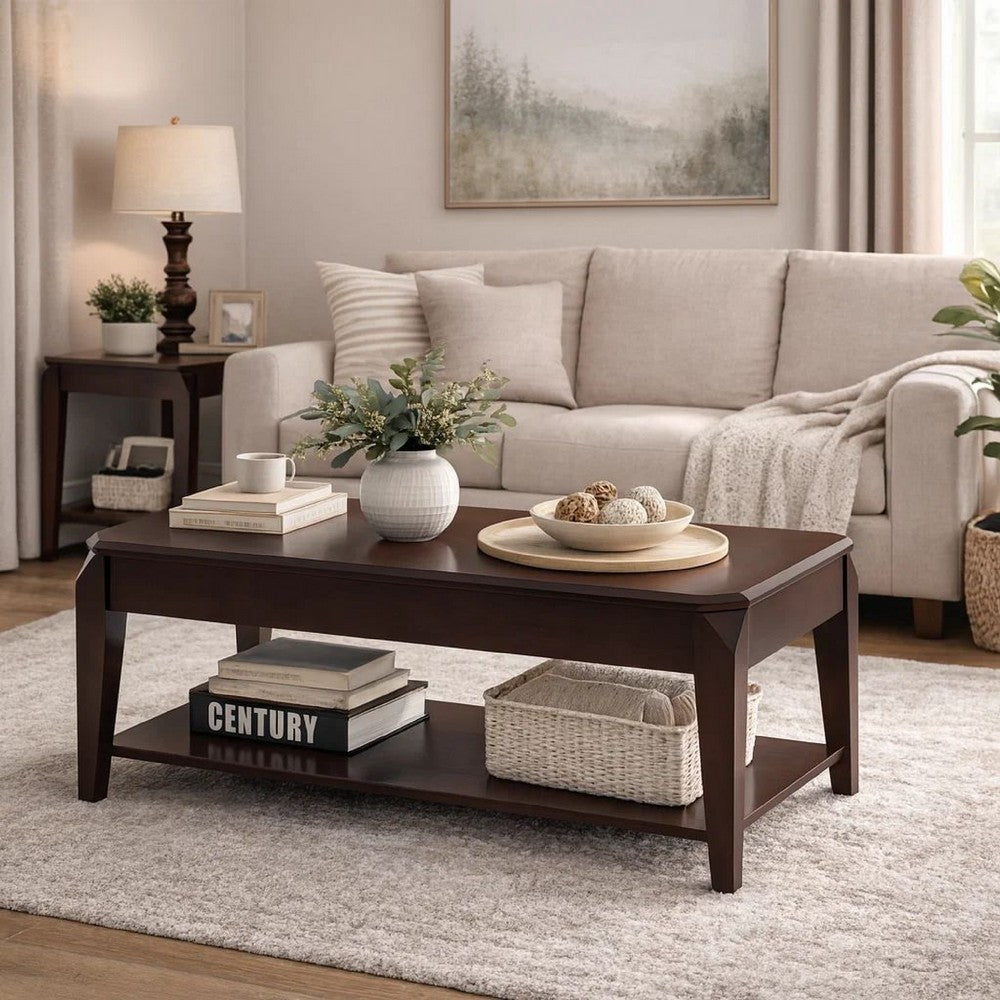Wooden Coffee Table with Lift Top and Open Bottom Shelf, Brown - BM156765