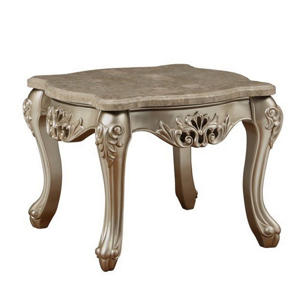 Marble Top Wooden End Table with Queen Anne Style Legs, Champagne Gold - AMF-81042