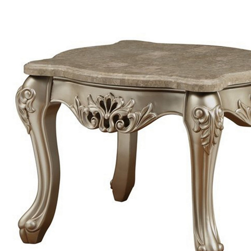 Marble Top Wooden End Table with Queen Anne Style Legs, Champagne Gold - AMF-81042