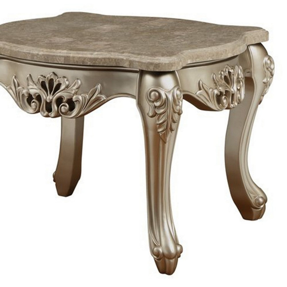 Marble Top Wooden End Table with Queen Anne Style Legs, Champagne Gold - AMF-81042