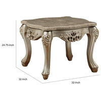 Marble Top Wooden End Table with Queen Anne Style Legs, Champagne Gold - AMF-81042