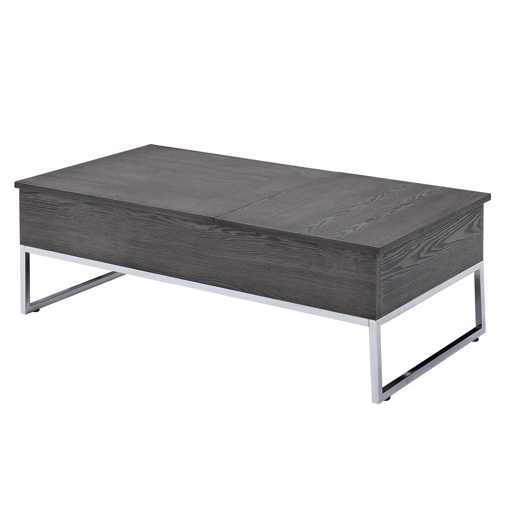 Wooden Coffee Table with Two Lift Tops and Metal Sled Leg Support, Gray and Silver - AMF-81170