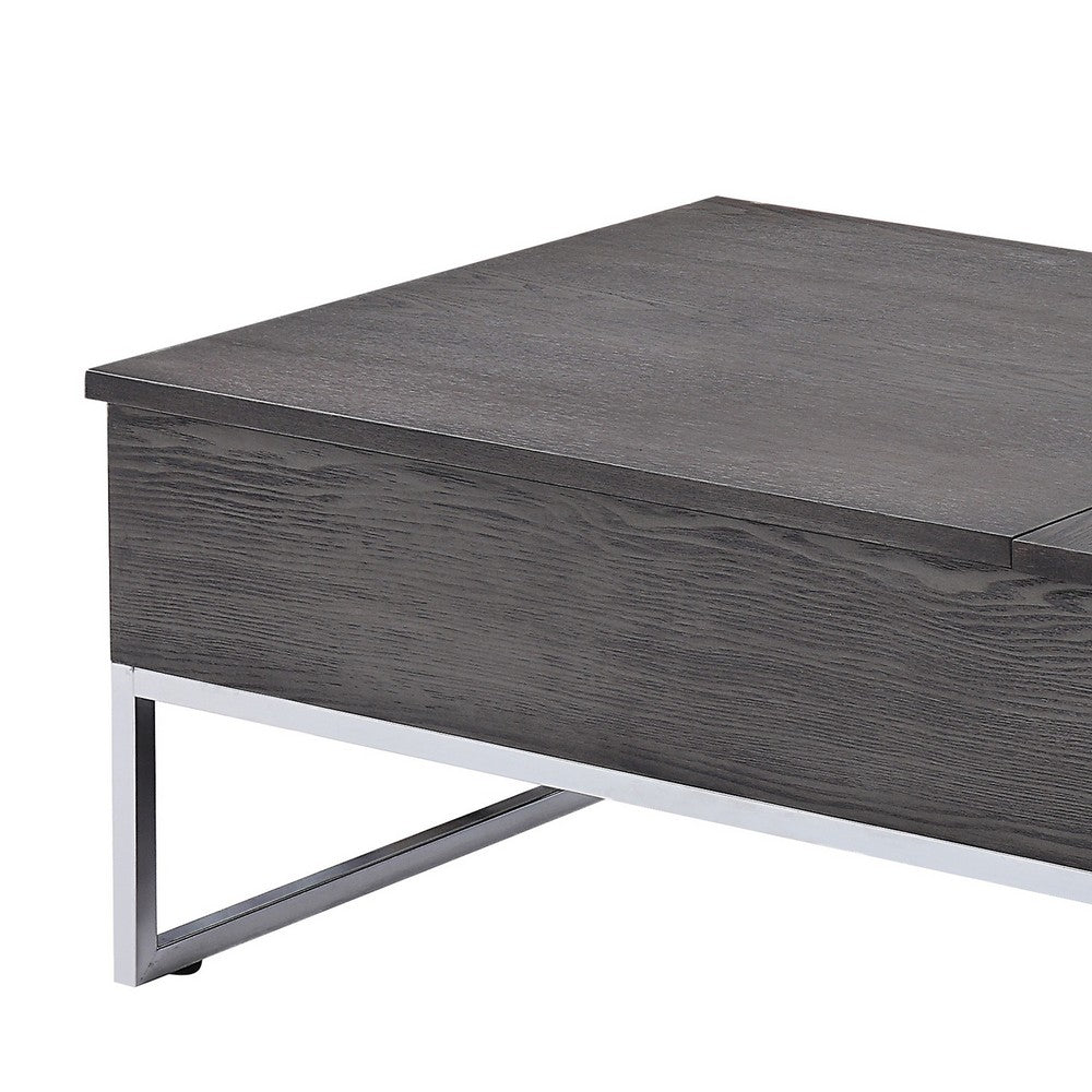 Wooden Coffee Table with Two Lift Tops and Metal Sled Leg Support, Gray and Silver - AMF-81170