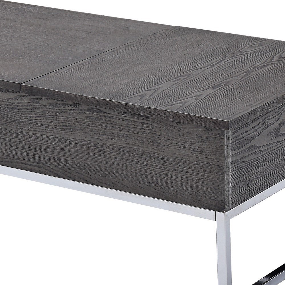 Wooden Coffee Table with Two Lift Tops and Metal Sled Leg Support, Gray and Silver - AMF-81170