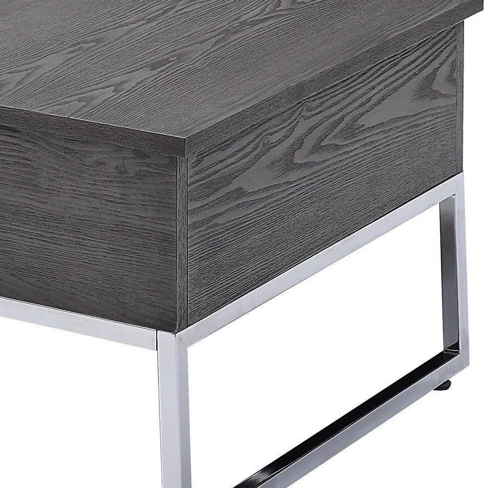 Wooden Coffee Table with Two Lift Tops and Metal Sled Leg Support, Gray and Silver - AMF-81170