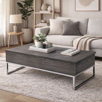 Wooden Coffee Table with Two Lift Tops and Metal Sled Leg Support, Gray and Silver - AMF-81170