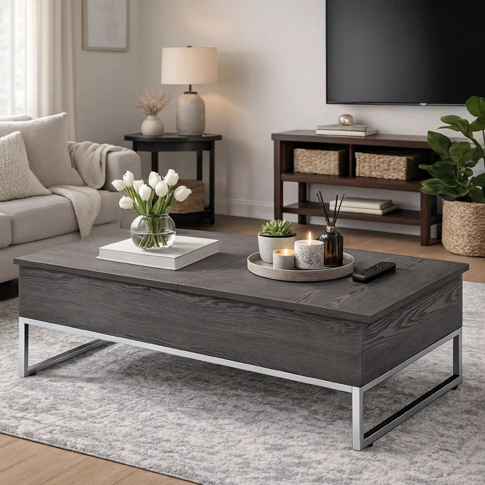 Wooden Coffee Table with Two Lift Tops and Metal Sled Leg Support, Gray and Silver - AMF-81170
