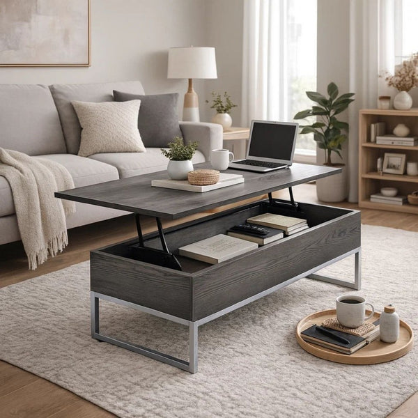 Wooden Coffee Table with Two Lift Tops and Metal Sled Leg Support, Gray and Silver - AMF-81170