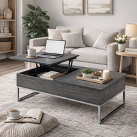 Wooden Coffee Table with Two Lift Tops and Metal Sled Leg Support, Gray and Silver - AMF-81170