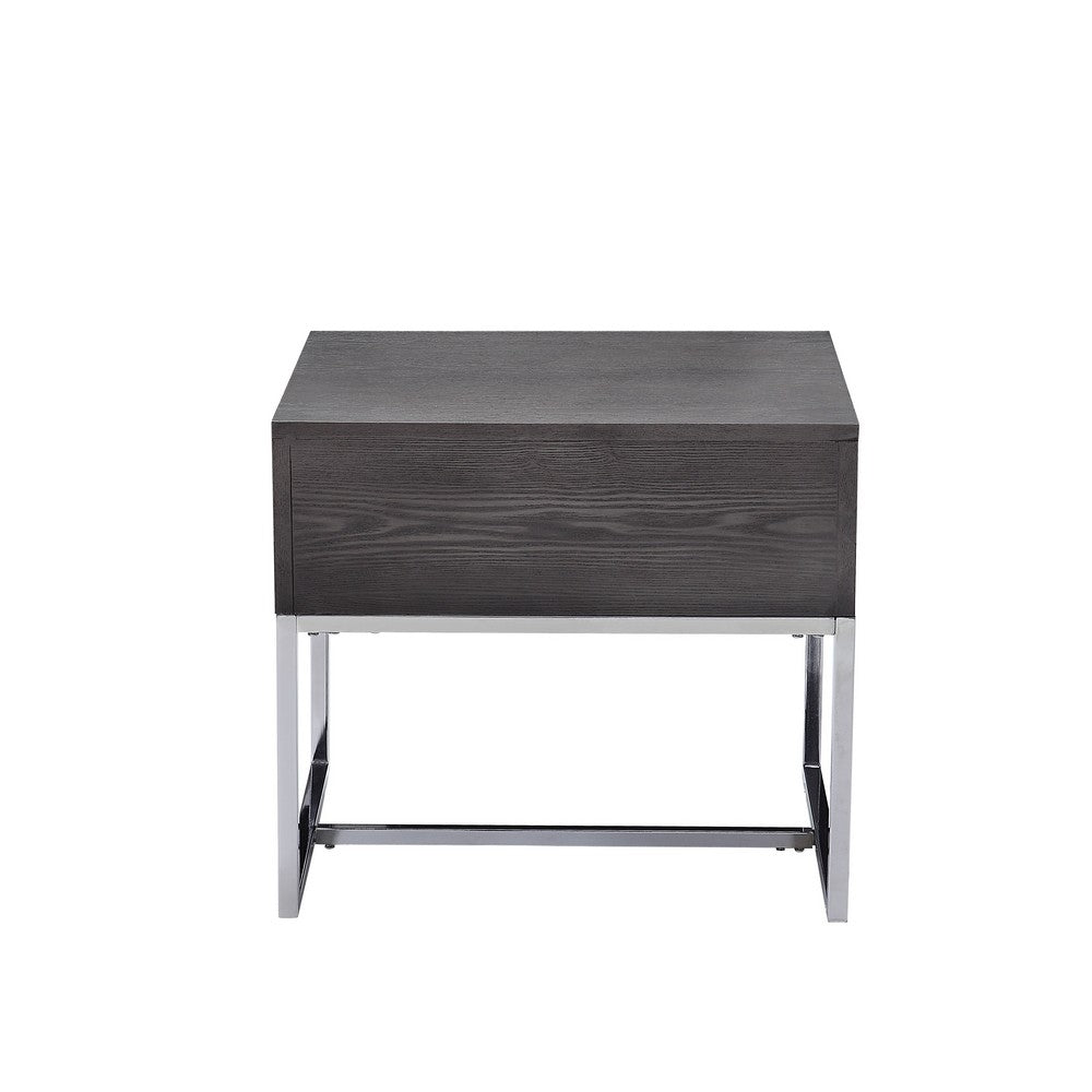 Wooden End Table with Tubular Metal Base and Spacious Drawer, Gray and Silver - AMF-81172