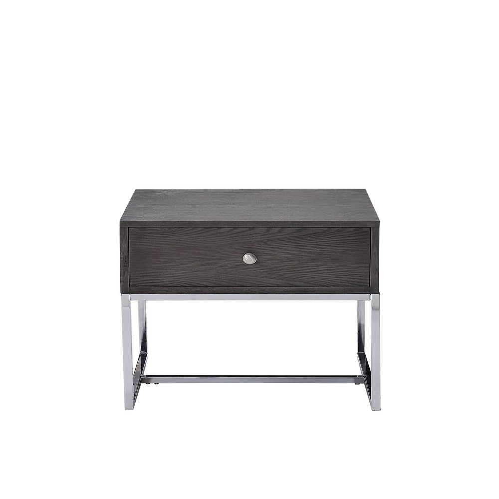 Wooden End Table with Tubular Metal Base and Spacious Drawer, Gray and Silver - AMF-81172