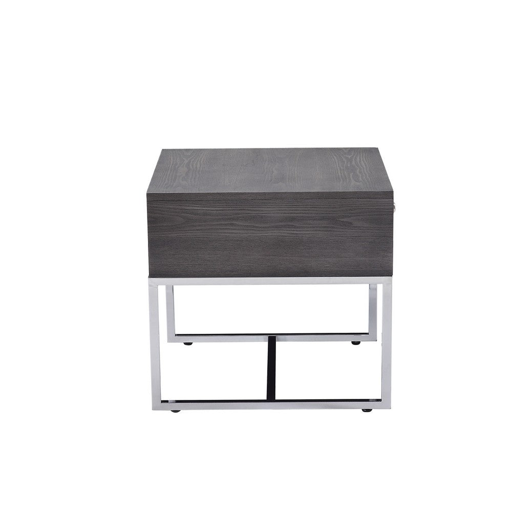 Wooden End Table with Tubular Metal Base and Spacious Drawer, Gray and Silver - AMF-81172