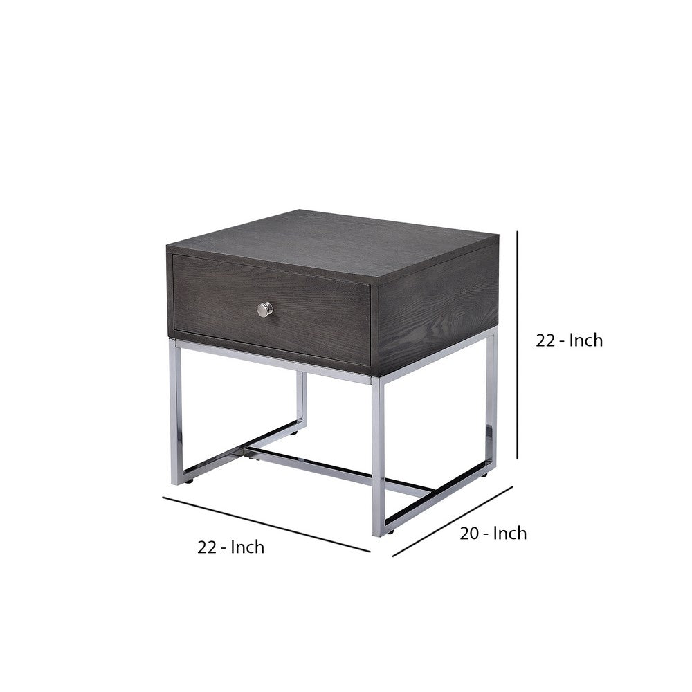 Wooden End Table with Tubular Metal Base and Spacious Drawer, Gray and Silver - AMF-81172