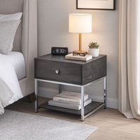 Wooden End Table with Tubular Metal Base and Spacious Drawer, Gray and Silver - AMF-81172