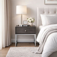 Wooden End Table with Tubular Metal Base and Spacious Drawer, Gray and Silver - AMF-81172