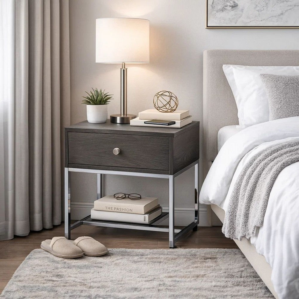 Wooden End Table with Tubular Metal Base and Spacious Drawer, Gray and Silver - AMF-81172