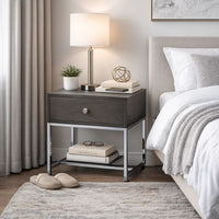 Wooden End Table with Tubular Metal Base and Spacious Drawer, Gray and Silver - AMF-81172