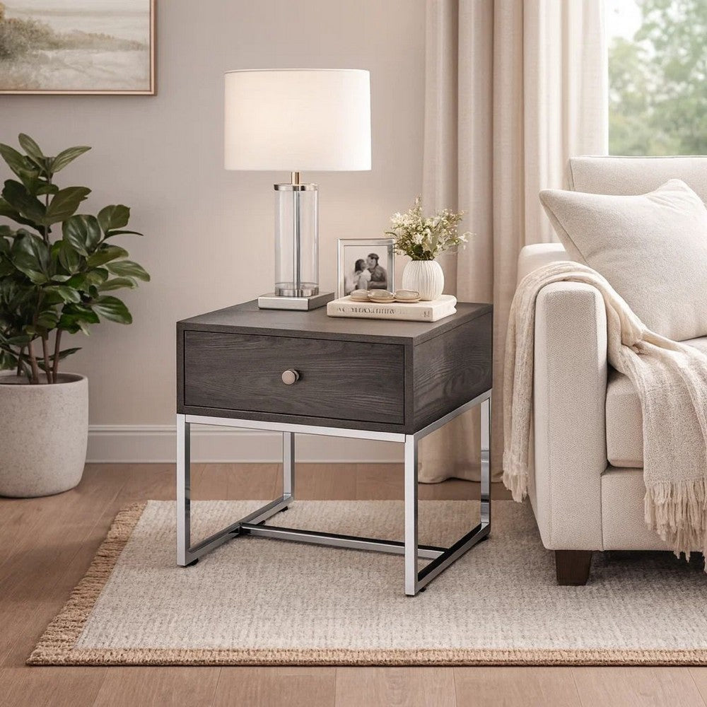 Wooden End Table with Tubular Metal Base and Spacious Drawer, Gray and Silver - AMF-81172