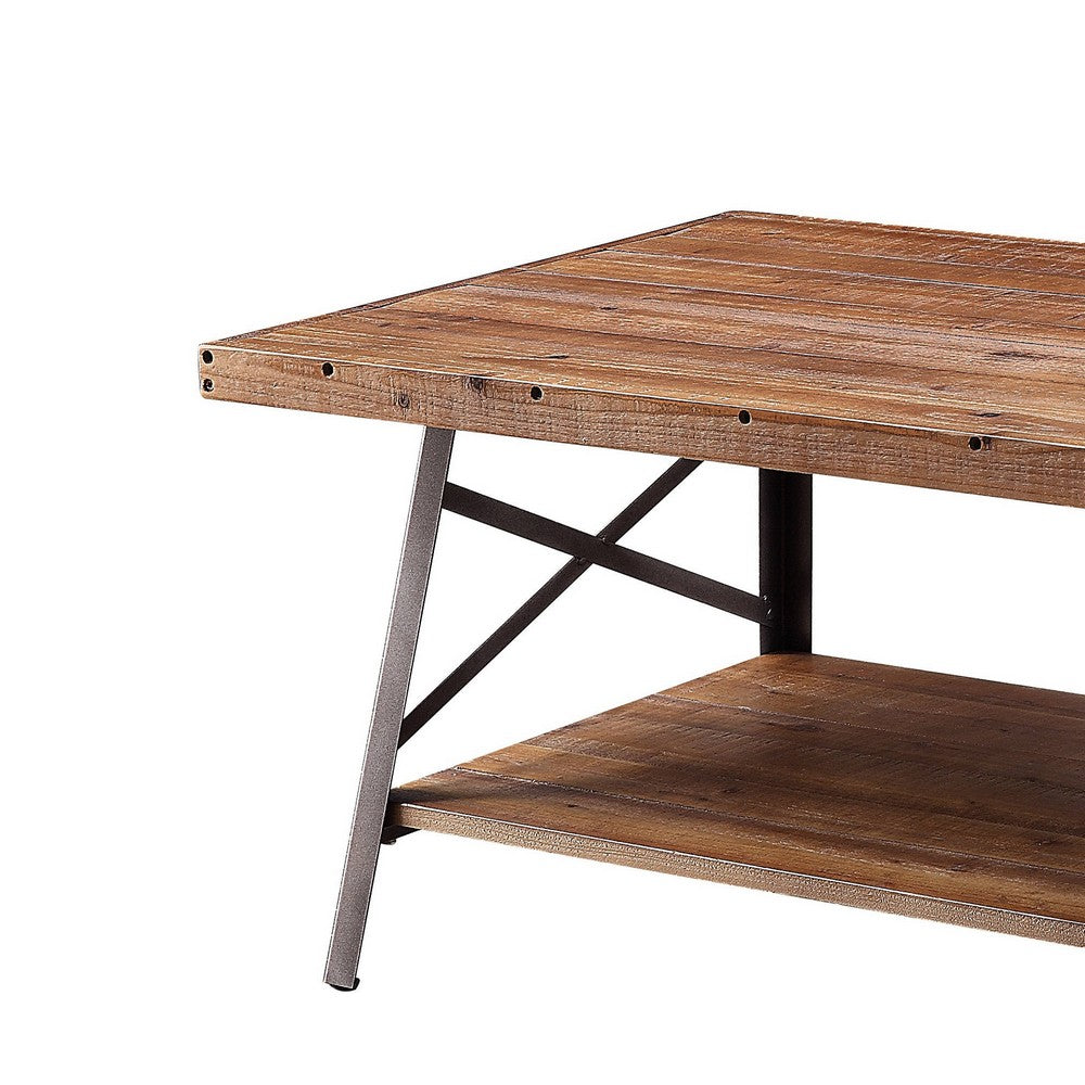 Wooden Coffee Table with X Crossed Metal Sides and Open Shelf, Brown and Black - AMF-81175