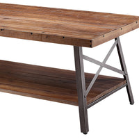Wooden Coffee Table with X Crossed Metal Sides and Open Shelf, Brown and Black - AMF-81175