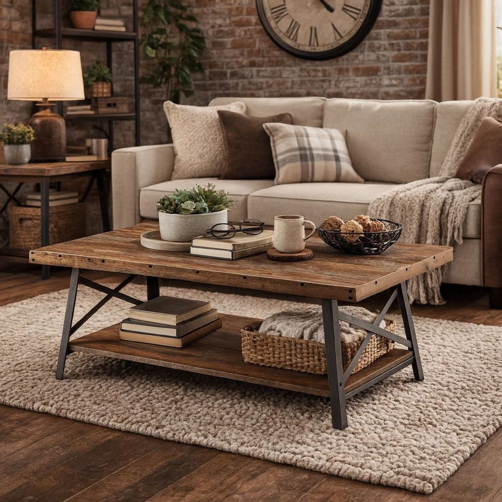 Wooden Coffee Table with X Crossed Metal Sides and Open Shelf, Brown and Black - AMF-81175