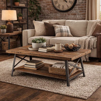 Wooden Coffee Table with X Crossed Metal Sides and Open Shelf, Brown and Black - AMF-81175