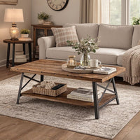 Wooden Coffee Table with X Crossed Metal Sides and Open Shelf, Brown and Black - AMF-81175