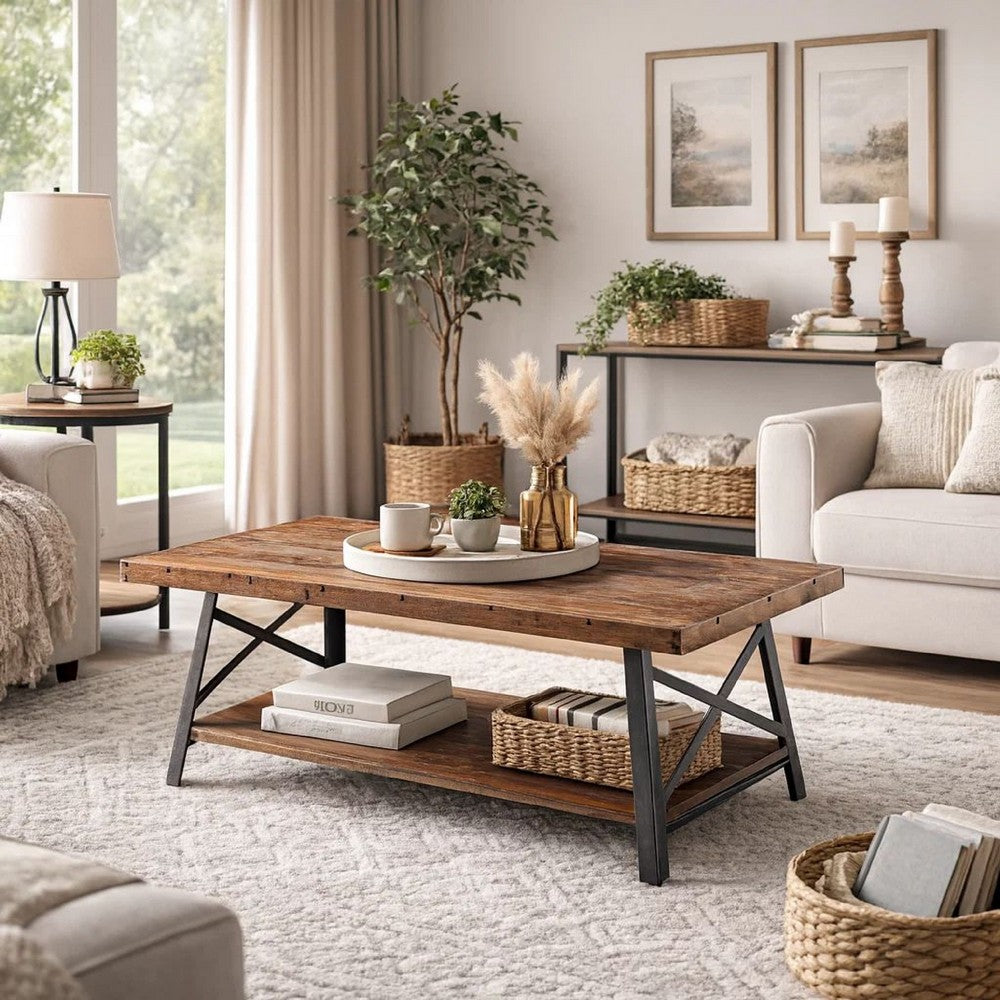 Wooden Coffee Table with X Crossed Metal Sides and Open Shelf, Brown and Black - AMF-81175