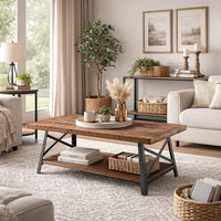 Wooden Coffee Table with X Crossed Metal Sides and Open Shelf, Brown and Black - AMF-81175