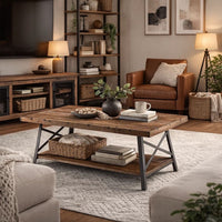 Wooden Coffee Table with X Crossed Metal Sides and Open Shelf, Brown and Black - AMF-81175