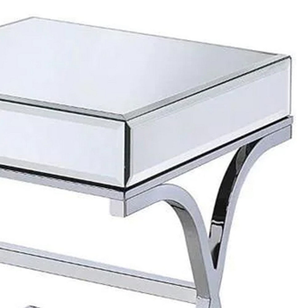 Contemporary Style Metal and Mirror Square End Table, Silver - AMF-81197