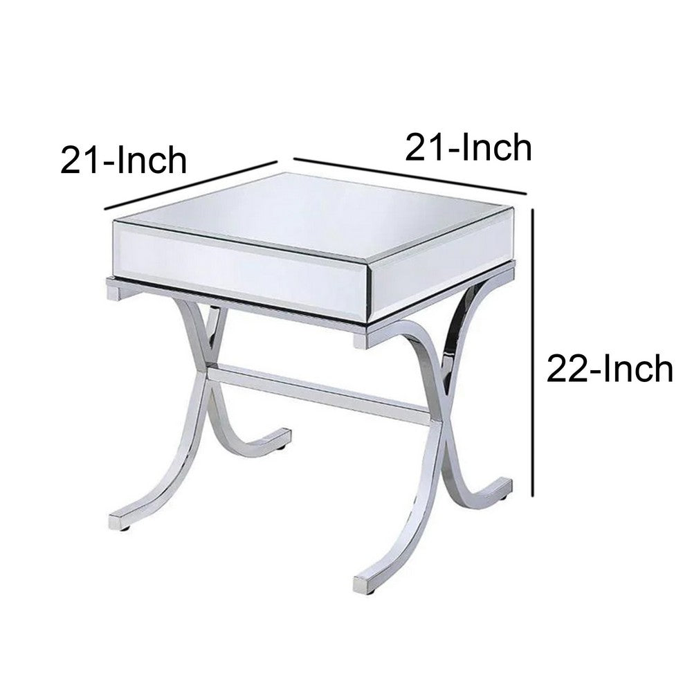 Contemporary Style Metal and Mirror Square End Table, Silver - AMF-81197