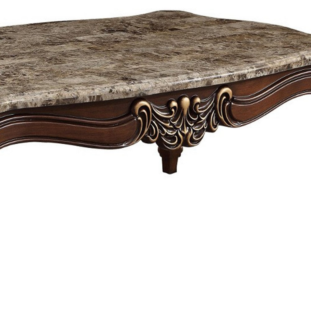 Traditional Style Rectangular Wood and Marble Coffee Table, Brown - AMF-81695
